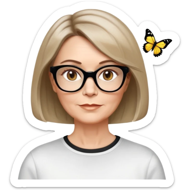 white woman about 50 years old, light warm skin, short bob haircut to neck with slight waves at ends, medium brown hair with soft highlights, neutral expression, large black shiny butterfly or cat-eye glasses, white casual t-shirt, calm and creative energy sticker