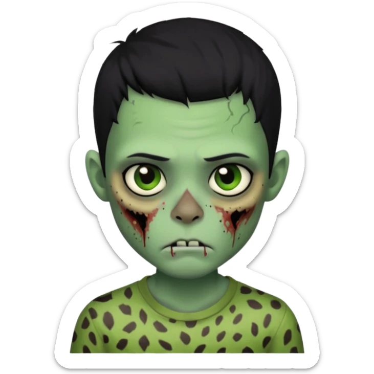 Zombie boy with green skin and sleepy eyes and scars on his face and a shirt that has cheetah texture and black hair sticker