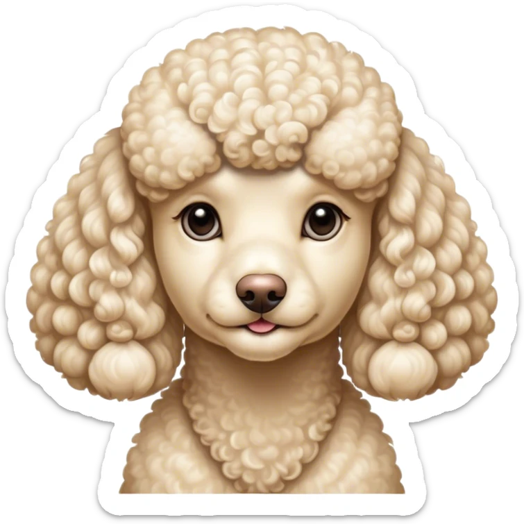 Cinematic Noble Cream Poodle Portrait Emoji, Poised and regal, with a refined, elegant build and a meticulously groomed, curly cream Fur, deep-set soulful warm eyes, Simplified yet sharp and sophisticated features, highly detailed, glowing with a soft, dignified glow, high shine, intelligent and graceful, stylized with an air of sophistication, focused and attentive, soft glowing outline, capturing the essence of a watchful and confident companion, so majestic it feels as though it could prance out of the screen with effortless authority! sticker