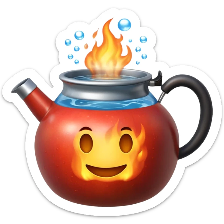 Ultra detailed 3D Apple-style emoji of a small pot or kettle filled with water placed on fire, the water is boiling intensely with visible steam and bubbles rising, bright lighting, clean white background, high-quality realistic emoji rendering. sticker