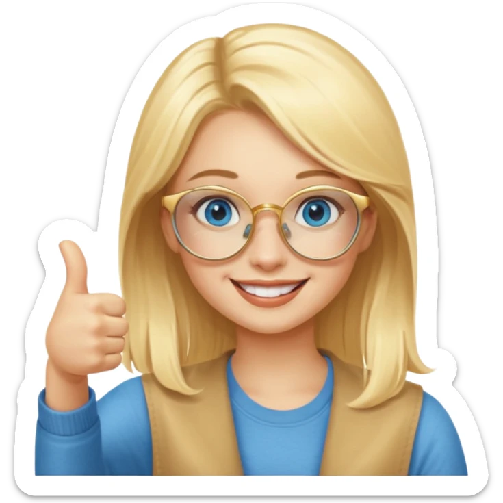 une fille blonde au yeux bleus avec des lunette dorée assez grande joyeuse avec un pouce lever sticker