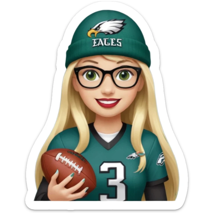 full length women wearing eagles uniform, long blonde hair, bangs, green eyes, black rectangle glasses, holding football, number 33, smiling, lipstick, eagles beanie sticker