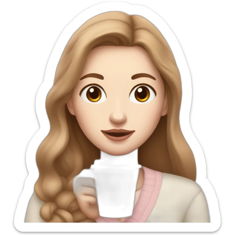 woman with pale skin and middle brown long thin hair wearing a white woolly shirt  and sipping coffee from a light pink takeaway cup eyes closed sticker