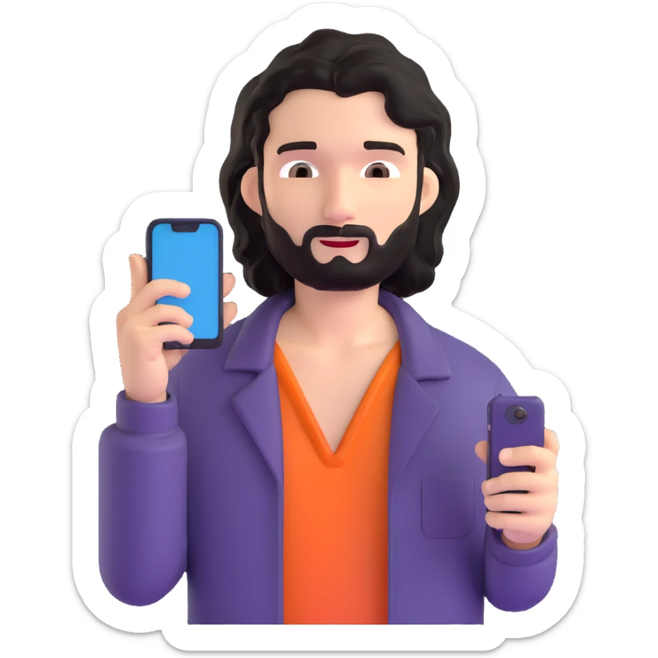 Business professional with black wavy hair, stubble, chiseled face, in casual attire with open collar shirt, relaxed pose with smartphone, warm approachable expression, modern and relatable for social media profile sticker