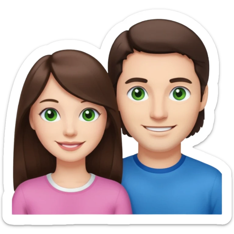 pink polaroid photo of a couple thats white with long brunette hair blue eyes and a white guy with short brunette hair and green eyes sticker