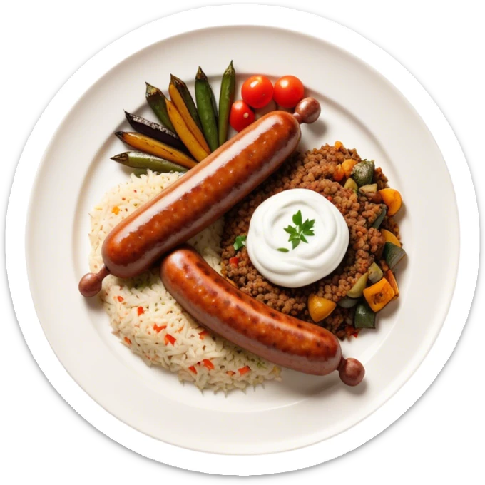 Cinematic Realistic image of a long, sausage-shaped Turkish Köfte, rendered with richly spiced meat textures and subtle grill marks, artfully arranged on a traditional Turkish ceramic plate alongside classic sides such as a serving of aromatic pilaf, crisp grilled vegetables, and a dollop of creamy yogurt, all bathed in warm, appetizing lighting that emphasizes its savory allure. sticker