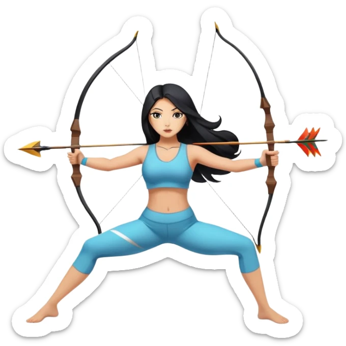 woman tanned long black hair, shooting arrow, sexy, yoga clothes sticker