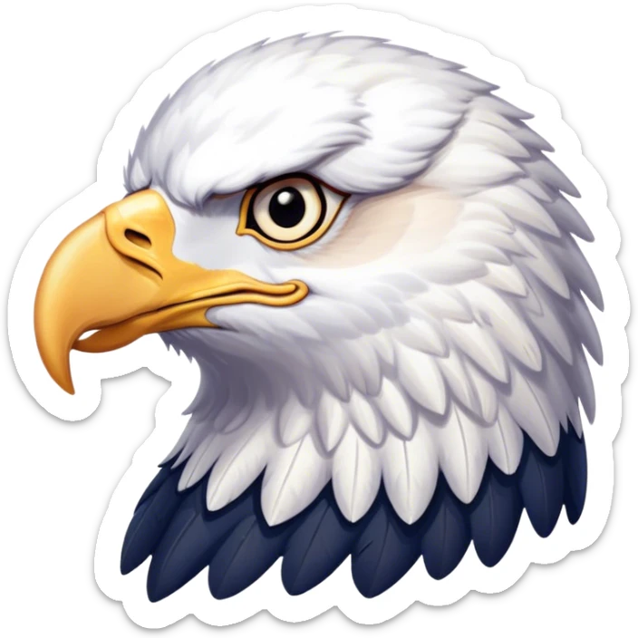 Cinematic Noble American Eagle Portrait Emoji, Poised and regal, with a powerful, broad build, a distinctive white-headed silhouette contrasting a dark, formidable body, and piercing, intense eyes, Simplified yet sharp and sophisticated features, highly detailed, glowing with a soft, majestic radiance, high shine, intelligent and commanding, stylized with an air of national pride, focused and vigilant, soft glowing outline, capturing the essence of a watchful and confident American eagle that appears ready to soar out of the screen with effortless authority! sticker