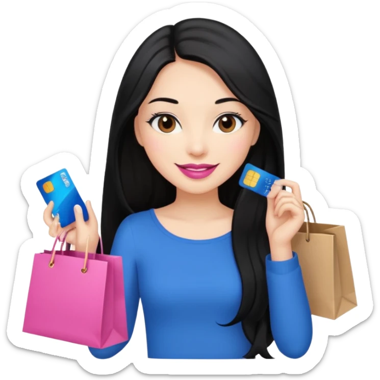 Girl with long black hair, pink lipstick, brown eyes holding shopping bags and blue credit card sticker