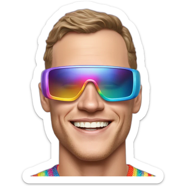 Fancy disco futuristic Jonathan Toews wearing rainbow lace shirt and wearing VR glasses and eating a moon pie sticker