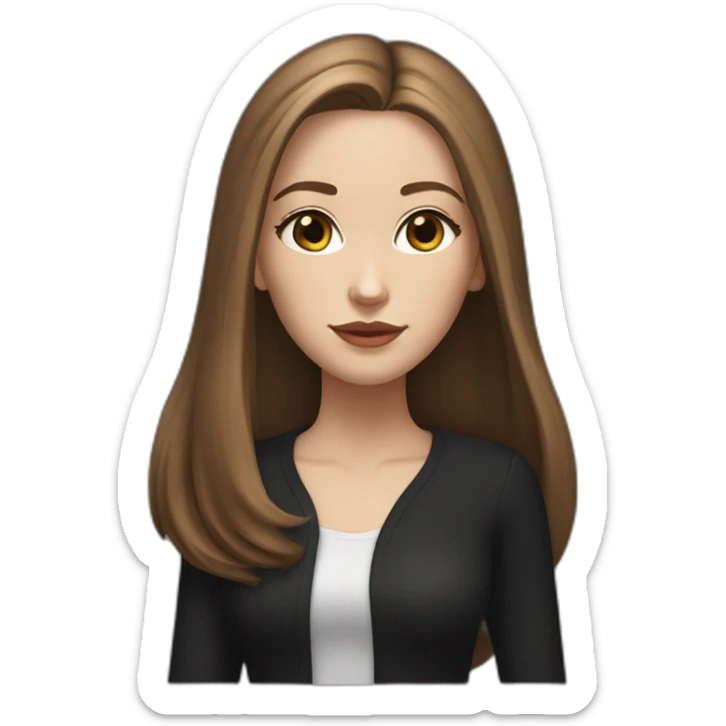 a white girl with an elongated oval face, brown long straight shoulder-length hair, brown narrow eyes, nasolabial folds, in black clothes, with a feline look, hyper realistic sticker