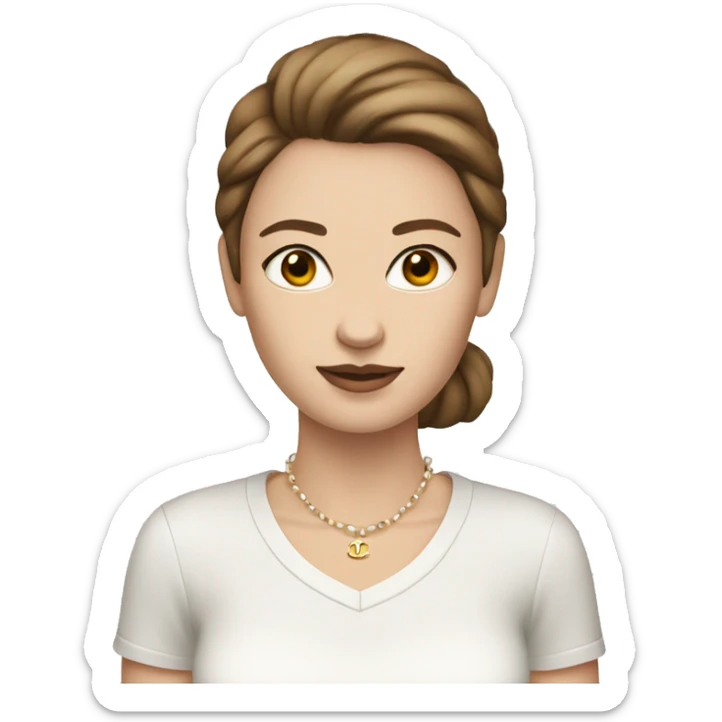 A woman with white skin and brown hair in a Chanel T-shirt sticker