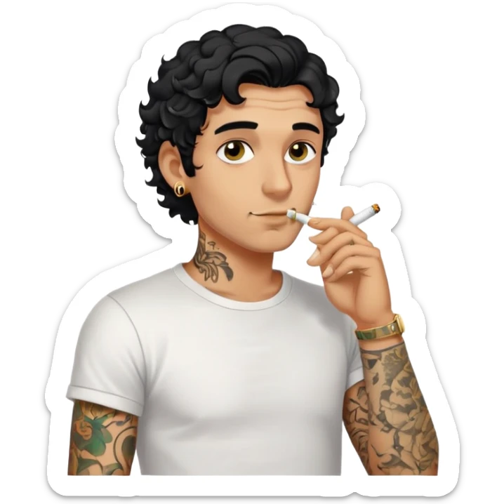 Italian man with tanned skin, curly black hair in short bob style, stubble, olive eyes, gold earring in left ear, white t-shirt, black tattoo on forearm, smoking cigarette sticker