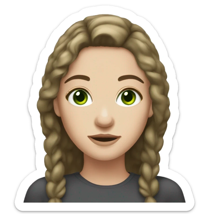 Brunette white girl with green eyes and medium length flippy hair and freckles on nose sticker