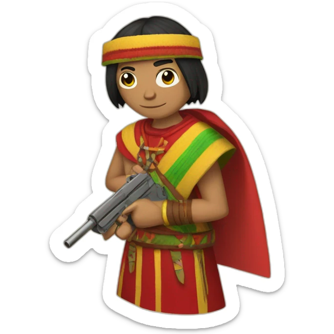 An Inca man, neck-length black hair, wearing a red headband and wearing a red poncho (with yellow, green and red lines) and holding a pistol sticker