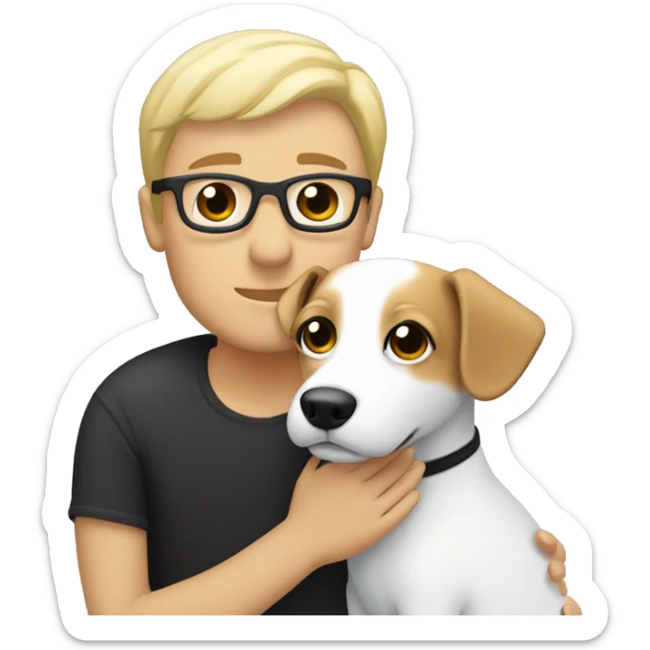 A couple cuddling a jack Russell, the men is white and have black hair and glasses and the woman is blonde but without glasses  sticker