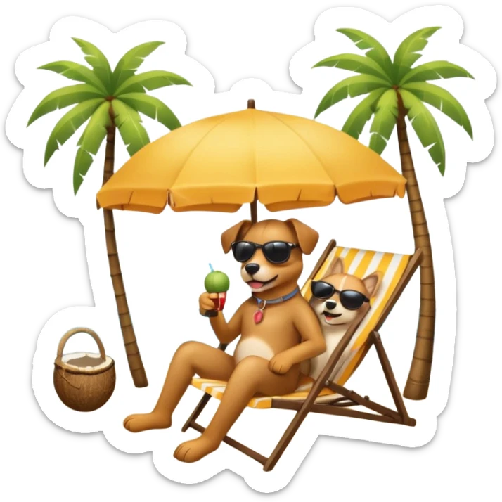 a dog laied on a beach chair, a sunny beach, a sun umbrella, and beach coconut trees. the icon should capture the essence of a relaxing beach vacation with a carefree atmosphere sticker