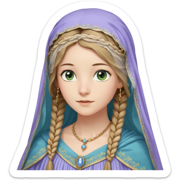 Joven de unos 30 años, de aspecto dulce y elegante.
Piel clara, ojos (pueden ser azules o verdes)
Rubio o castaño claro, largo, con trenzas o velo.
Vestido largo de tonos suaves (blanco, azul o lavanda), con bordados dorados; un manto o toca fina cubriendo la cabeza. Que se vea todo el cuerpo sticker