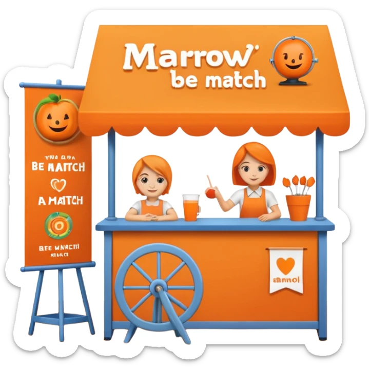 emoji of a recruitment booth. Two cartoon figures stand behind an orange colored table with 'MARROW, be a match' branding, a colorful spinning wheel, and a branded vertical banner. Simplified and cute. sticker