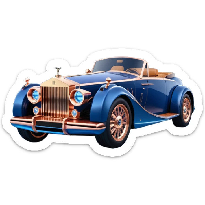 dark blue led lights on a hot rodded delicately inlaid rose gold and wood accentuated sporty 1889 Rolls Royce with futuristic electric spaceship plasma neon glowing motors and lightening dynamos with wide racing wheels that are held strong by advanced suspension and steering sticker