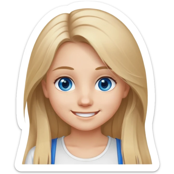 girl with long dirty blond hair, blue eyes, wearing a white top, smiling sticker