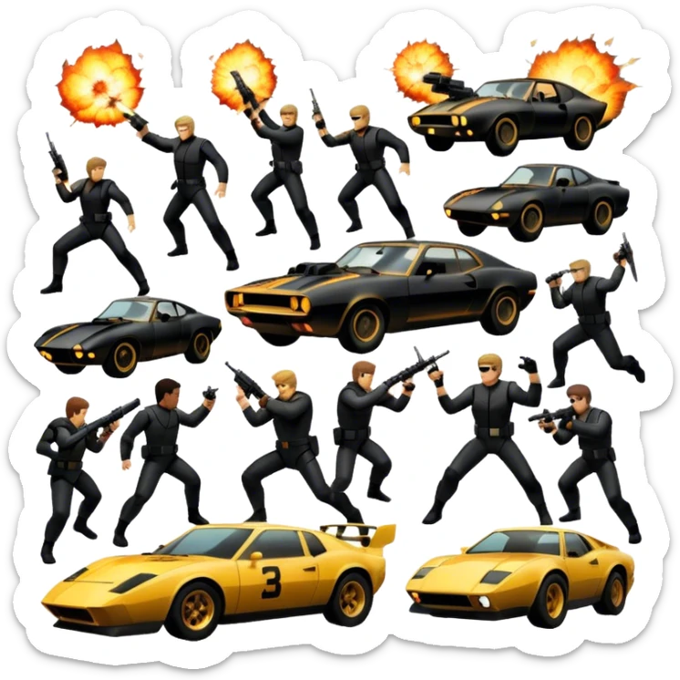 Photorealistic Icon for Action Movies: Dynamic collage of iconic action movie scenes featuring explosions, fast cars, combat, and weapons. Include silhouettes of famous action heroes, dramatic lighting, and a sense of high-octane energy. Transparent background. sticker
