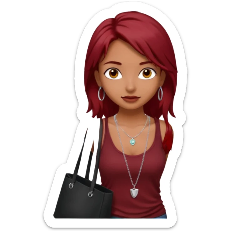 a pretty tan indian bratz girl with messy dark red hair, wearing a dark red tank top, layered silver necklaces. Carrying a black tote bag sticker