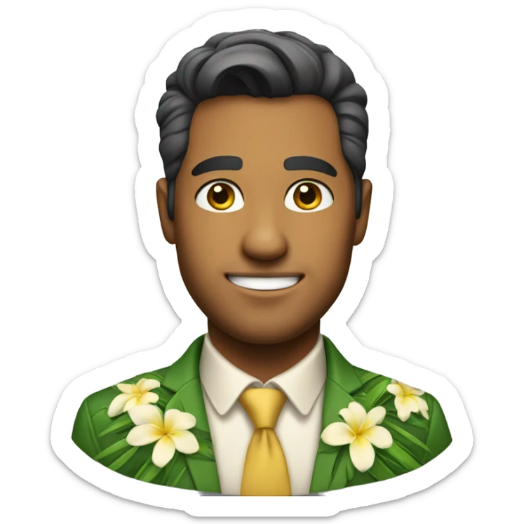 a full portrait of a handsome Hawaiian man with a corporate outfit sticker