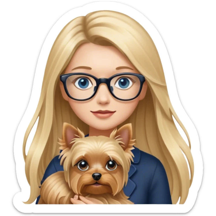 Blonde balayage long hair women with blue eyes wearing glasses holding a Yorkshire terrier  sticker
