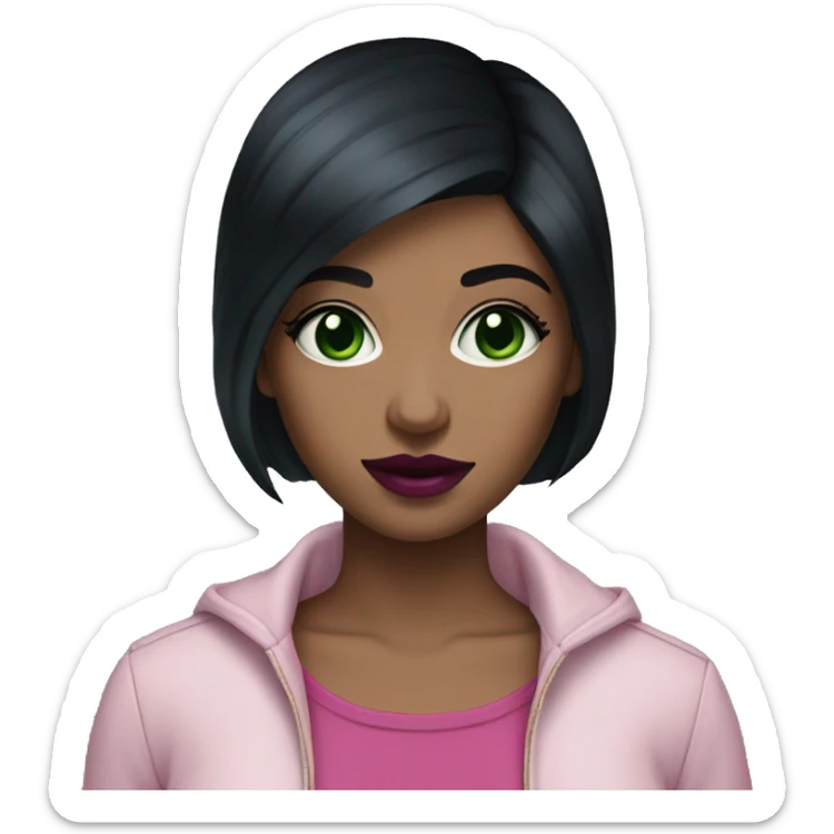Girl with short black hair and dark green eyes with dark pink lipstick sticker