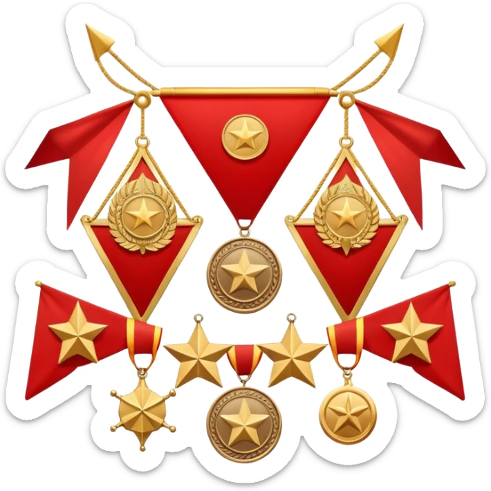 Icon for Collecting Orders, Medals & Badges: a variety of vintage orders, medals and badges, displayed neatly on a big red pennant or in a display case. The icon should reflect the honor and historical significance of these collectible items. Transparent background. sticker