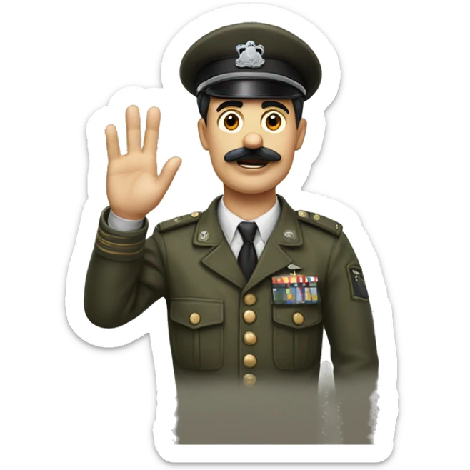 A guy with a side part hair and a mustache that looks like charlie chaplin’s mustache raising their hand and wearing army clothes sticker