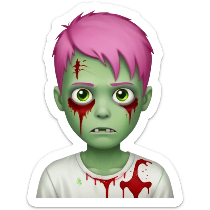 green zombie boy with blood with scratches, pink hair and eyebrows, and a white shirt sticker