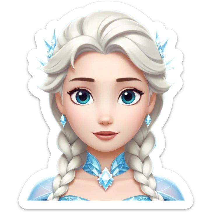 Cinematic Majestic Snow Queen Portrait Emoji, rendered in a clean, vector-style with bold, simplified shapes. Show Elsa with a serene, noble expression, luminous icy skin and gracefully styled platinum hair adorned with subtle crystalline accents, her attire minimal yet majestic. The design radiates a cool, crystalline glow with high shine and a soft glowing outline, embodying timeless, frosty elegance. sticker