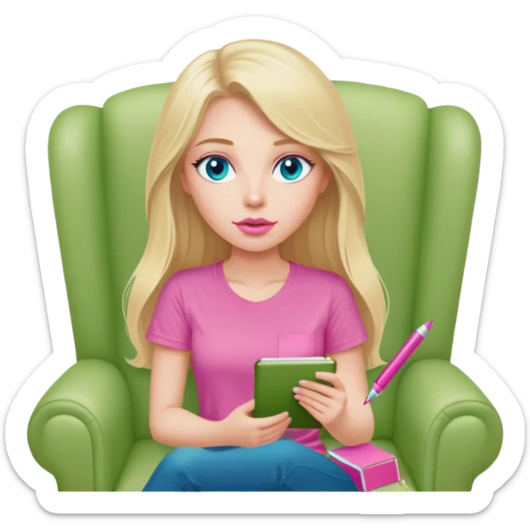 Cinematic realistic blonde with long hair, blue eyes and pink lips, dressed in a green T-shirt, sits in a beige armchair with a pink notebook and pen in her hands sticker
