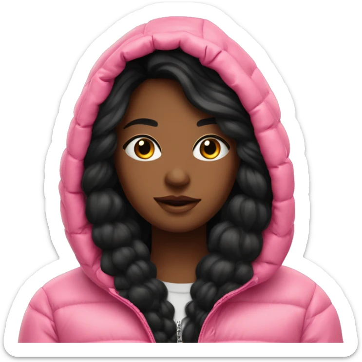 very long black hair pretty dark girl in a pink puffer jacket with hoodie on sticker