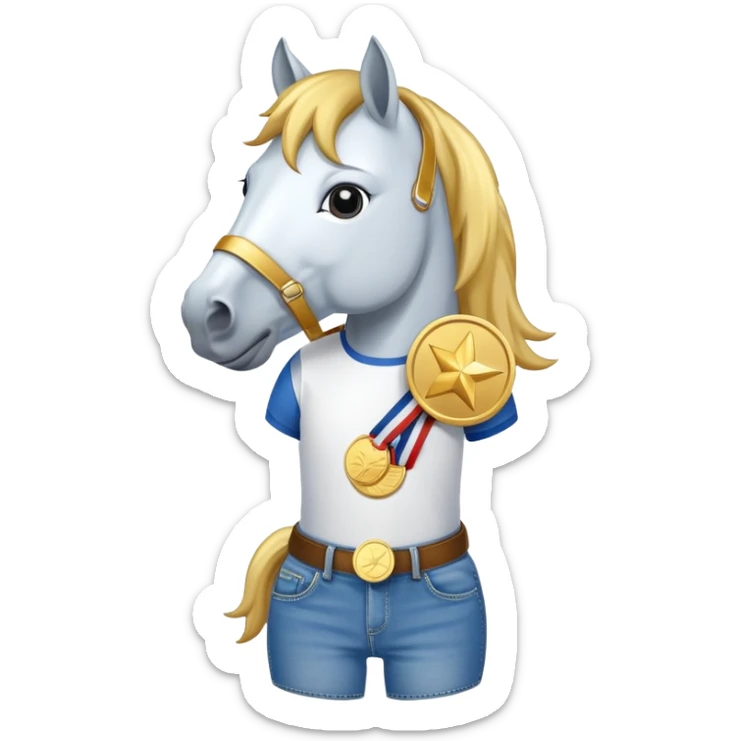 friendly anthropomorphised horse in jeans and a t-shirt, wearing a gold medal sticker