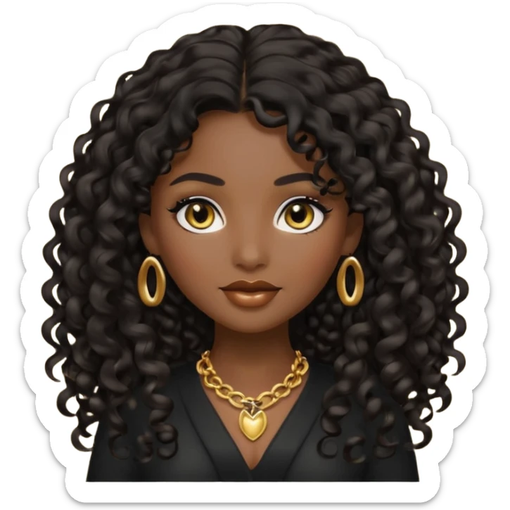 beautiful female memoji, dark skin tone, long black curly hair, golden undertones, striking eyes, luxurious and mysterious sticker