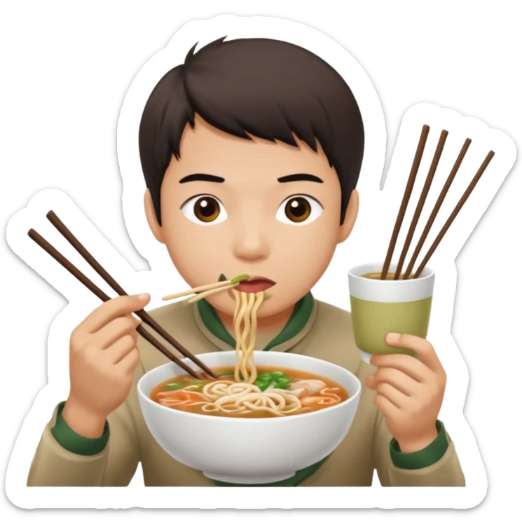 can you generate me a avatar of a male eating a bowl of pho? make it more anime. Make the person slurping on the noodles. only one pair of chopsticks sticker