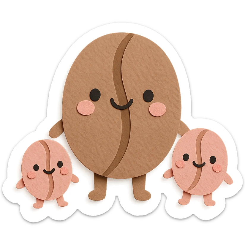 kawaii coffee bean character family, big bean and two small beans, soft pastel colors, full body sticker