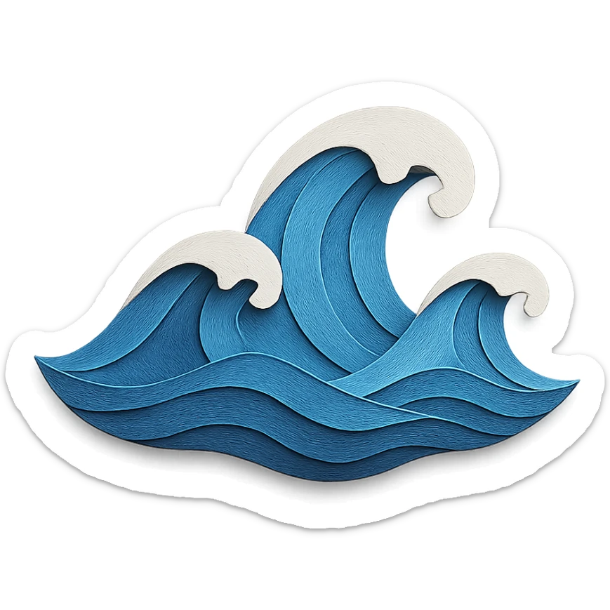illustration of ocean waves made of layered blue paper with white foam accents in paper-craft style sticker
