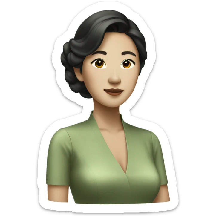 Aesthetic rich Asian woman in sage green dress sticker