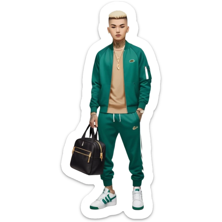 Capelli rasati ai lati con sfumatura, sopra corti e fissati con gel. Look curato e deciso. Indossa tuta firmata (Nike, Adidas, Lacoste, EA7) o jeans skinny, scarpe vistose come Air Force 1. Sempre presenti borsello a tracolla e collana d’oro E tatuaggi d’appertutto sticker