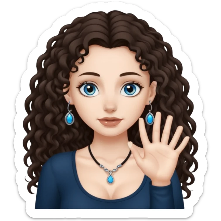 white girl, dark brown long slightly curly hair , skinni but with big breast , septum piercing on nose, beautiful dark gray-blue eyes, showing her toes , sticker