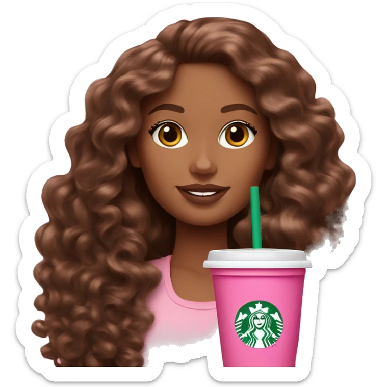 Barbie girl with brown long curly hair holding Pink starbucks refresher sticker