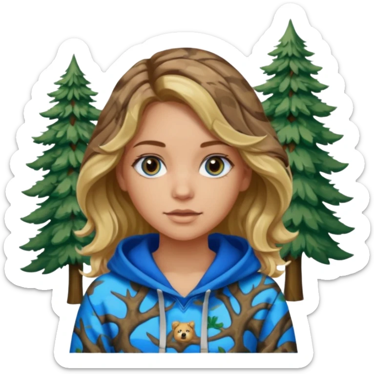Girl with wavy brown hair blonde highlights with blue eyes, medium skin tone , real tree camo hoodie sticker