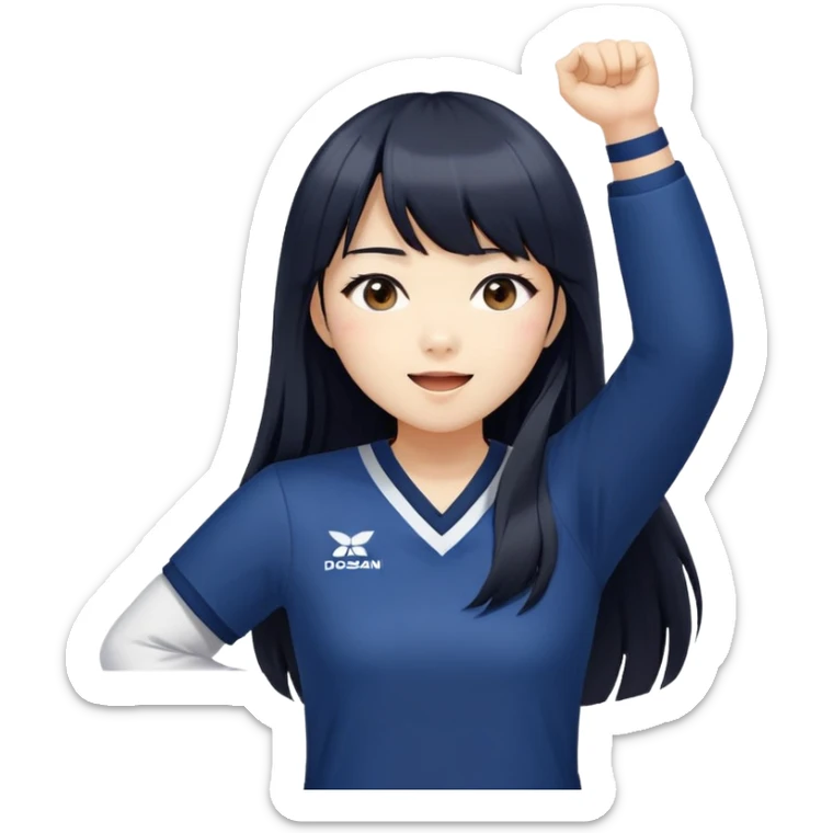East Asian woman with long black straight hair and bangs wearing navy and white Doosan Bears team colors, cheering sticker