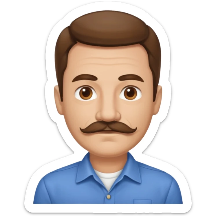man with mustache, brown hair, 50 years old, shirt, high temple sticker