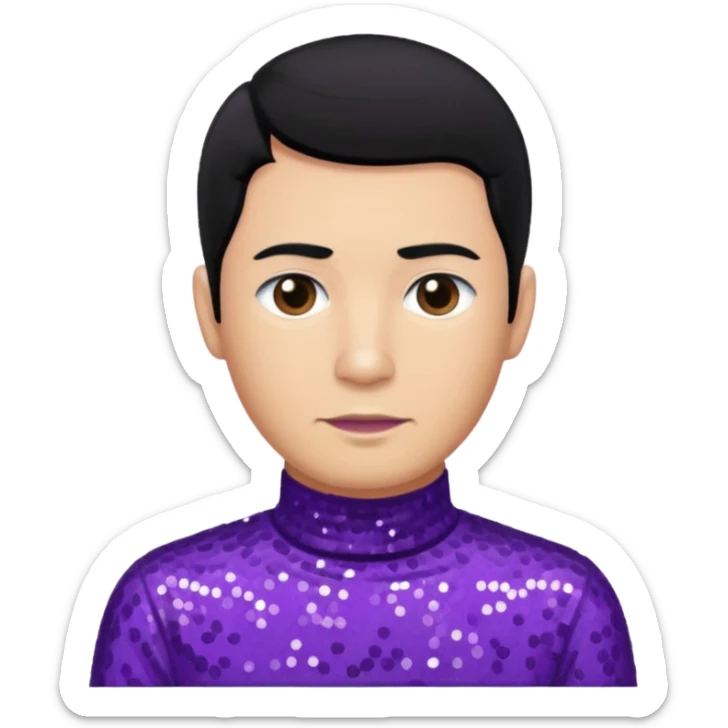 Jeff Fatt from The Wiggles with black hair, purple sequin skivvy shirt sticker