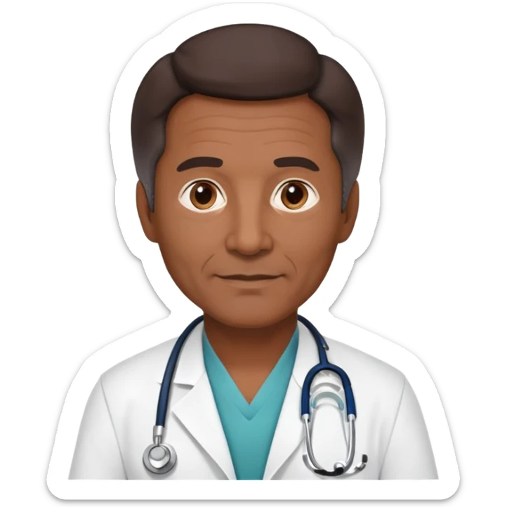 mature 60 year old male doctor with stethoscope, dark brown hair, medium-dark skin tone, cinnamon skin tone, professional sticker